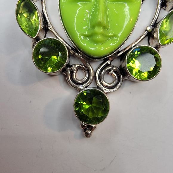 Sterling Silver Pendant with Green Carved Face and Lemon Quartz Accents - Picture 3 of 13
